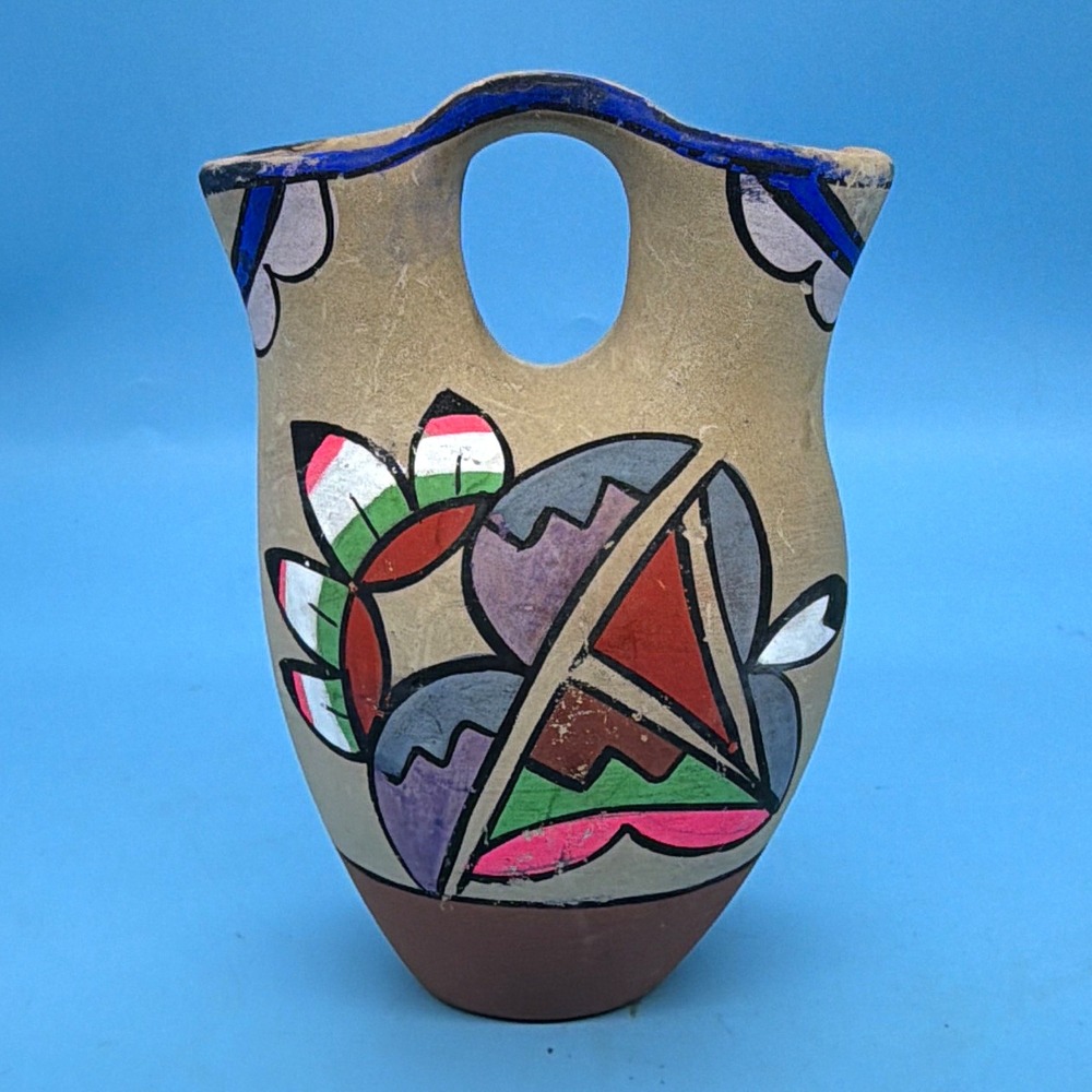 Vintage Jemez Pueblo Style Native American Pottery Wedding Vase Hand Painted